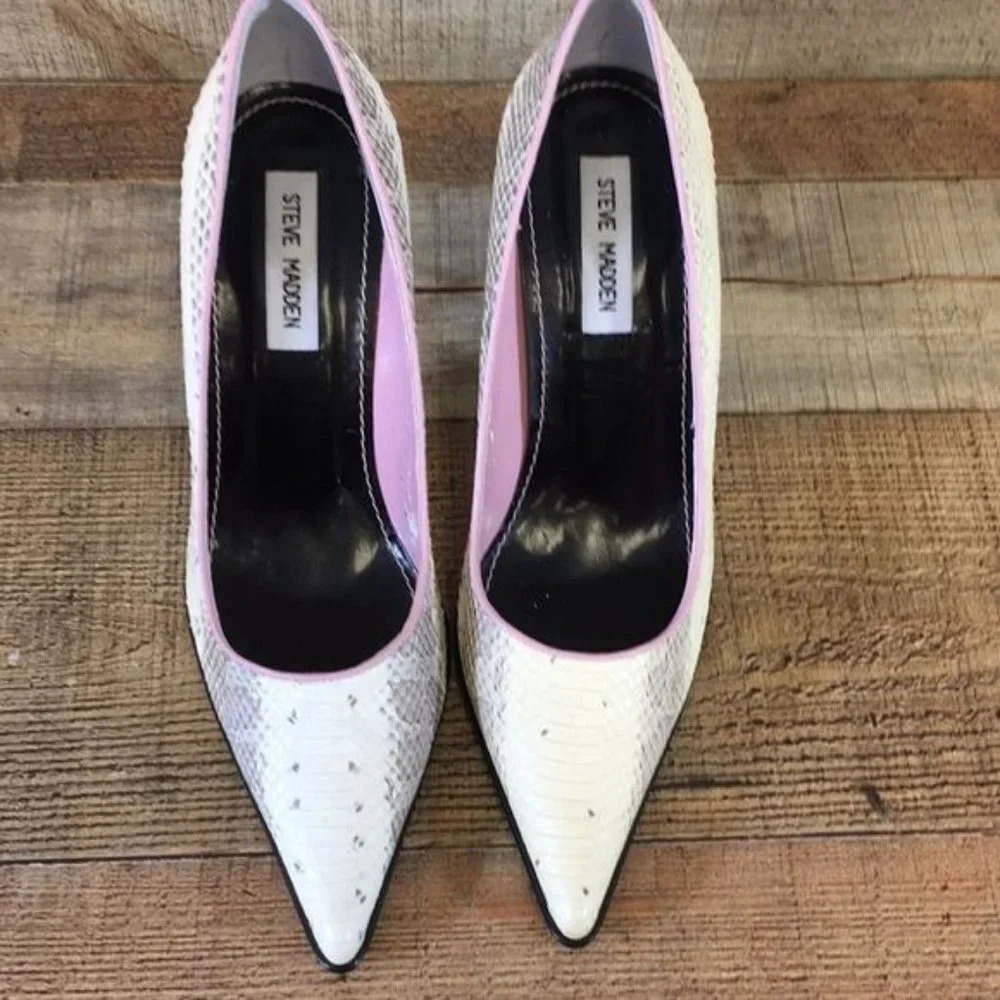 Steve Madden White Gray Leather Animal Print Kaylee Pumps Womens 9B Stiletto - Picture 3 of 11